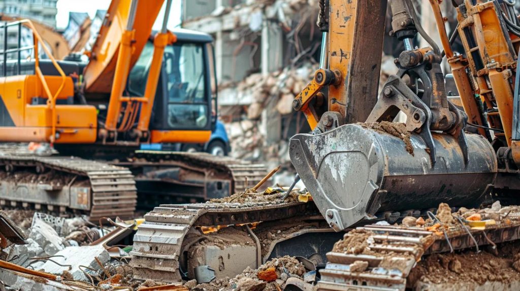 Close-up of demolition equipment including excavator, wrecking ball, and hydraulic breaker in a construction yard