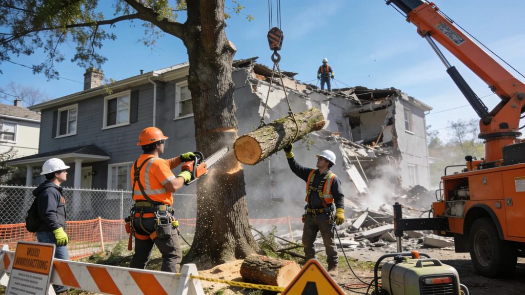Professional tree service team managing tree removal during a residential demolition for enhanced safety