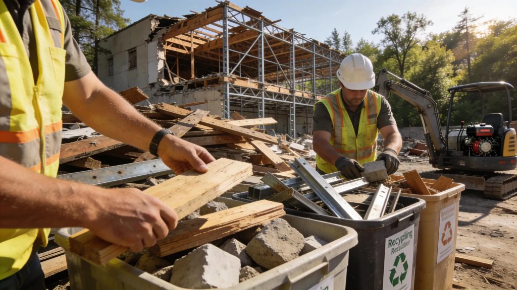 Workers sorting materials for recycling during eco-friendly demolition practices