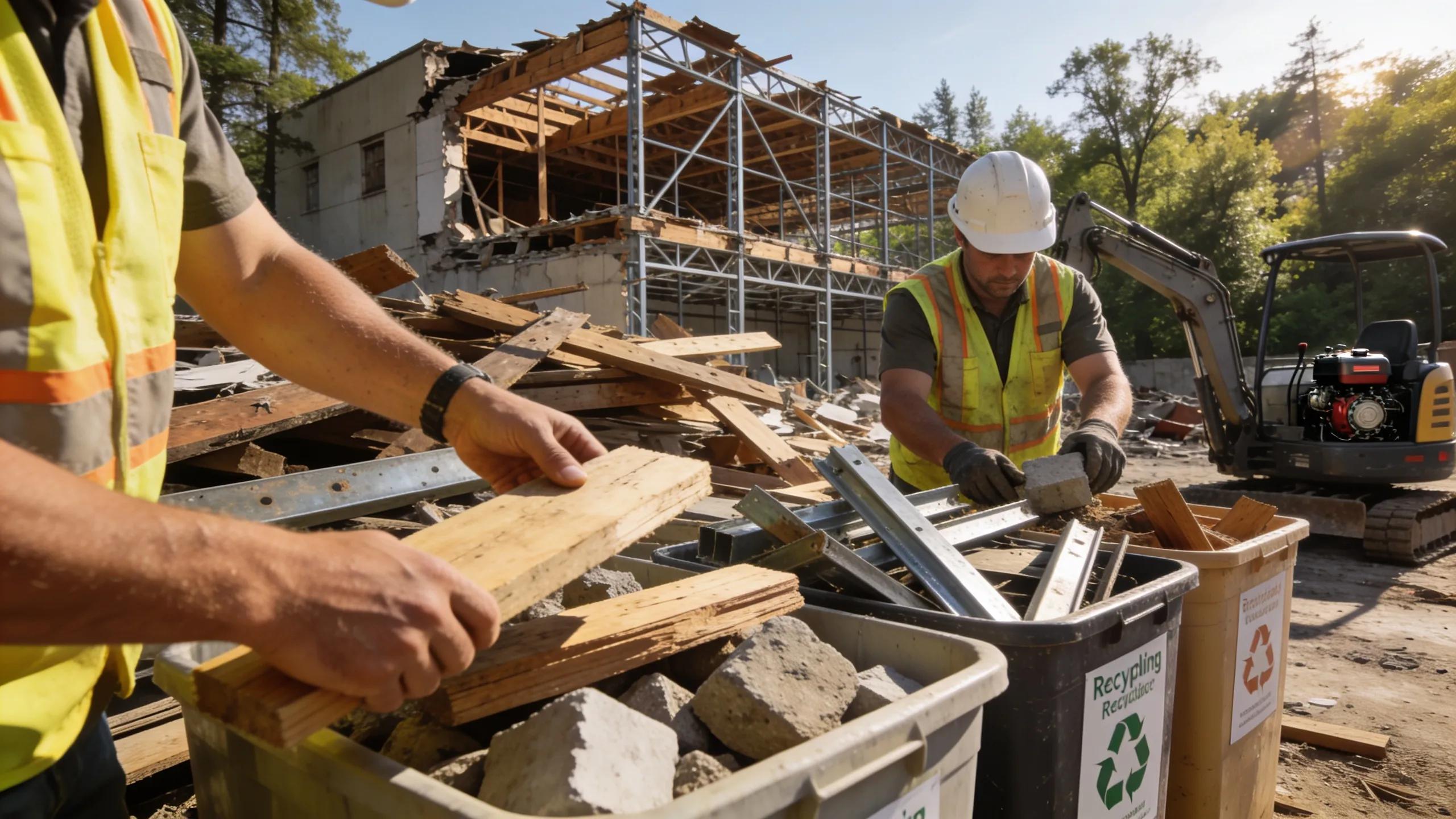 Workers sorting materials for recycling during eco-friendly demolition practices