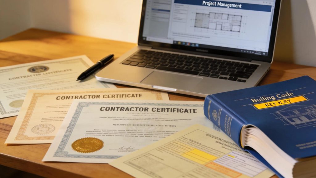Close-up of contractor licenses and certifications illustrating the requirements for compliance in construction industry