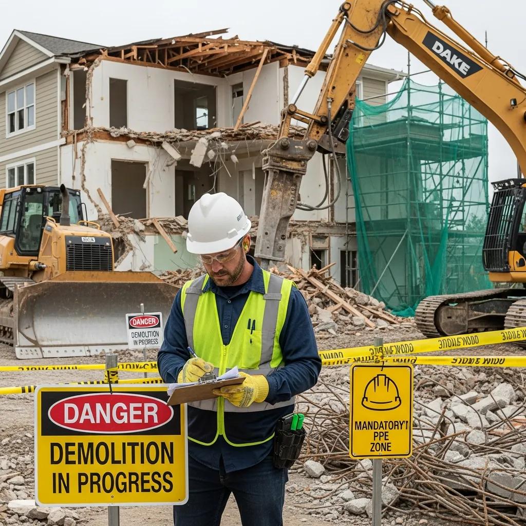 Certified contractor performing a safety assessment on a residential demolition site