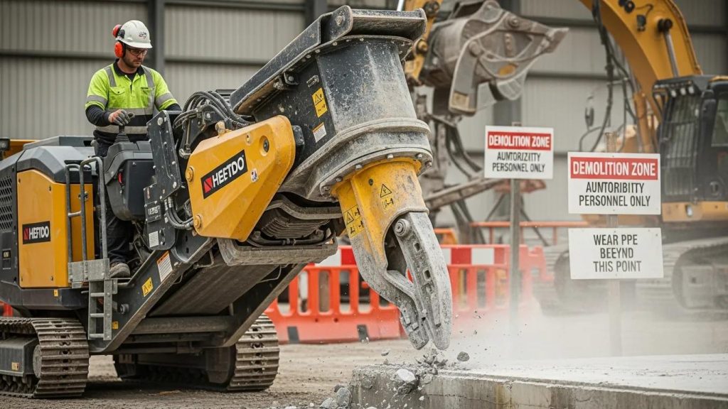 Contractor utilizing advanced concrete crushing equipment for efficient demolition