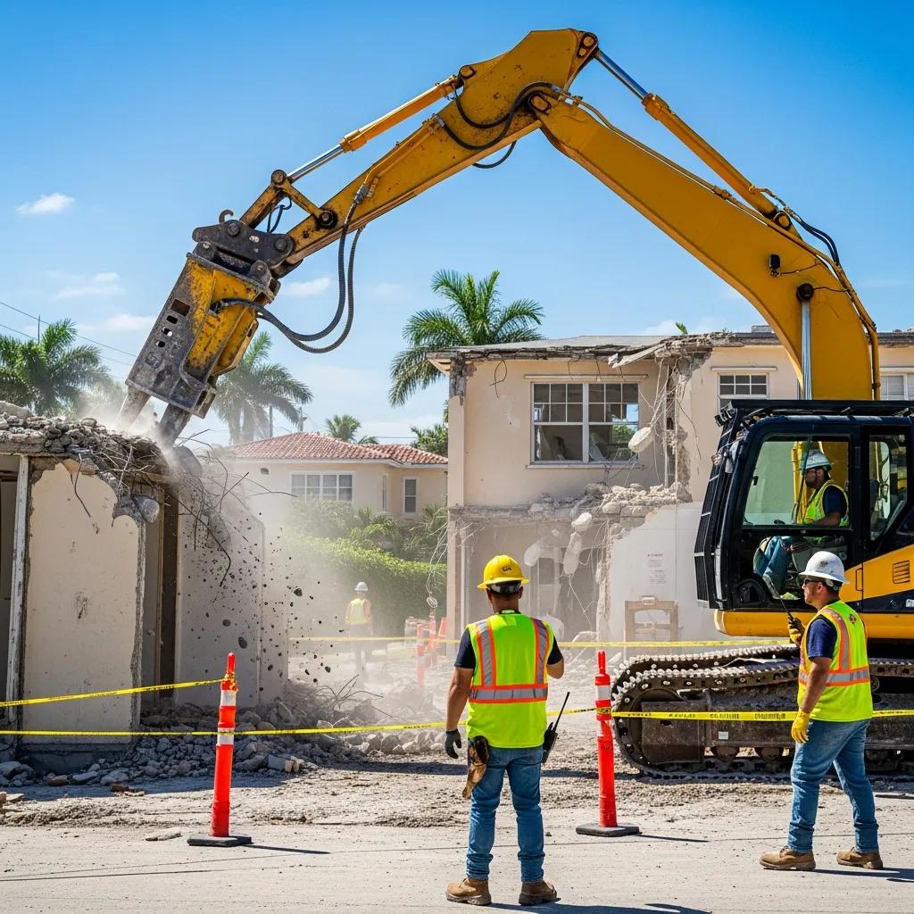 Delray Beach demolition site with contractors and heavy machinery emphasizing safety and professionalism