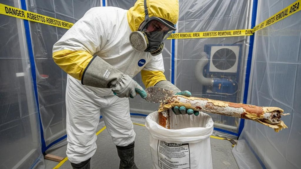 Demolition worker in PPE safely handling hazardous materials with containment measures