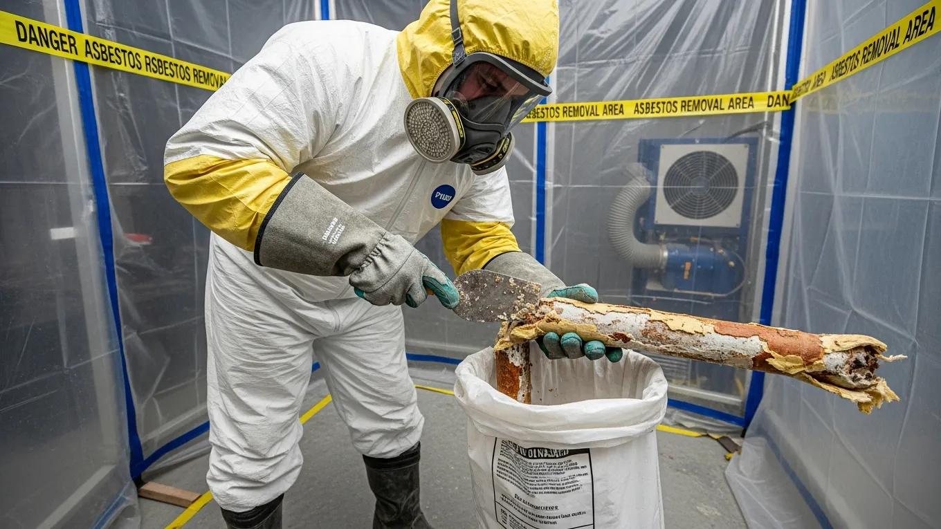 Demolition worker in PPE safely handling hazardous materials with containment measures
