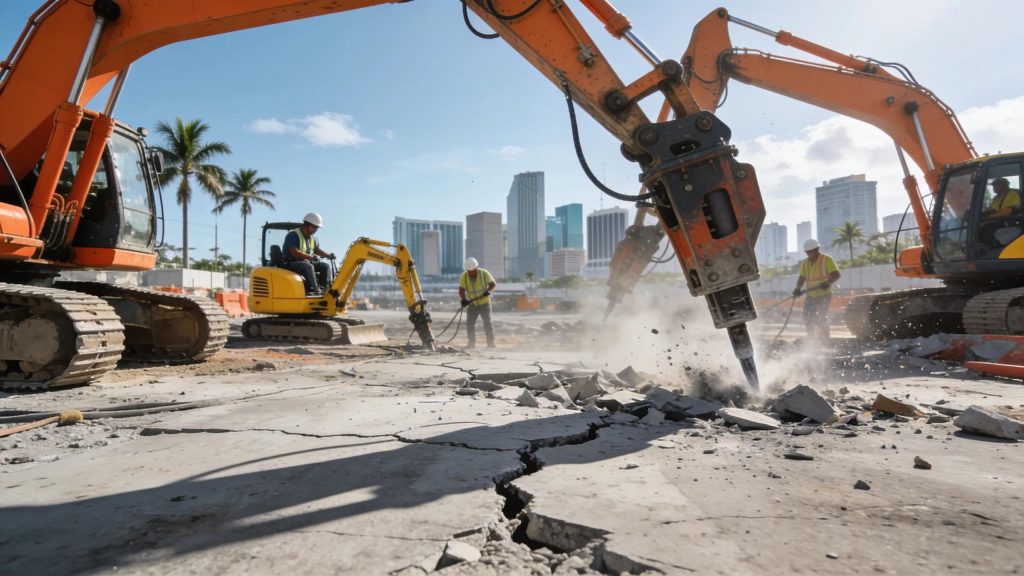 Workers operating heavy machinery for commercial concrete removal in a Miami construction site