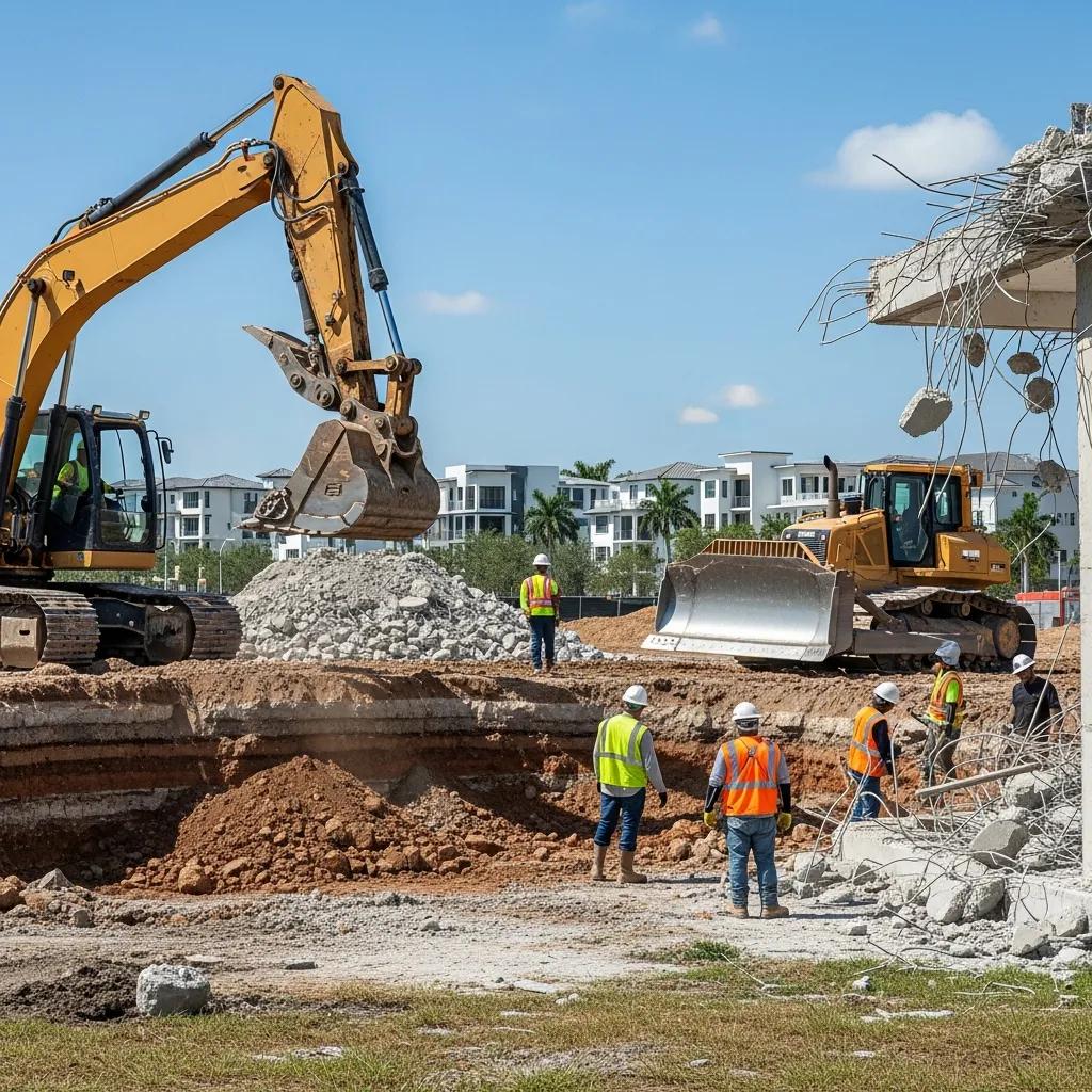 Excavation and demolition machinery at a construction site in Cutler Bay