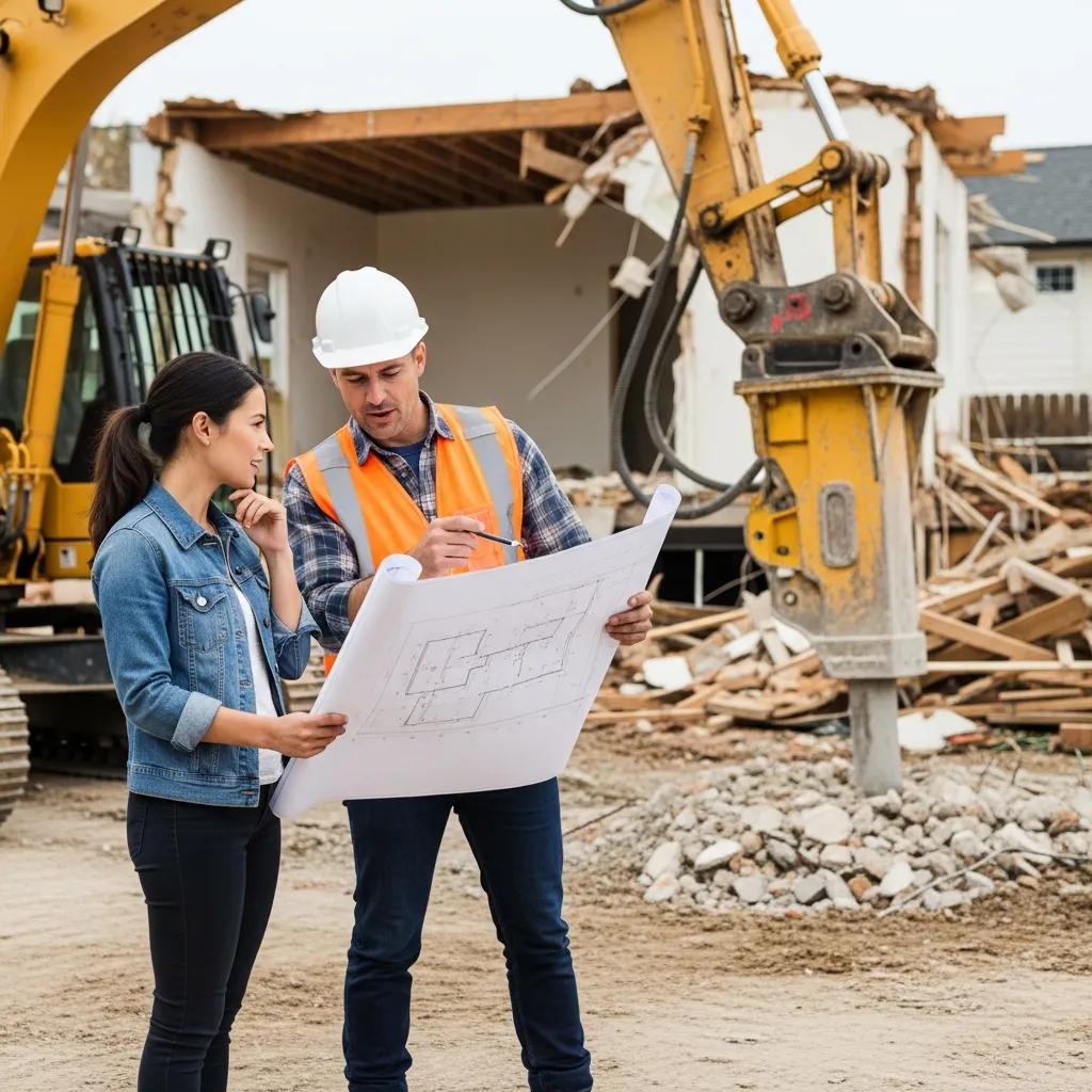 Homeowner consulting with a demolition contractor at a construction site
