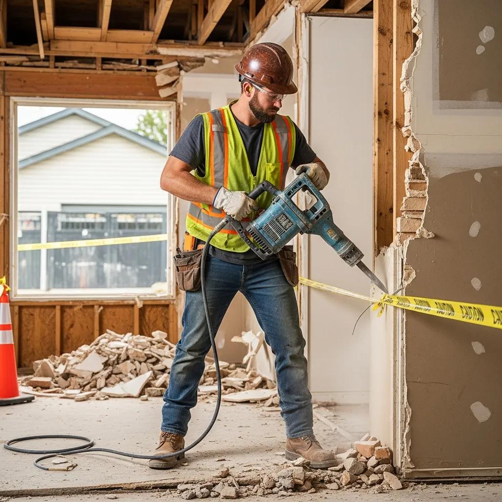 Professional demolition contractor using safety gear and equipment in a residential demolition project