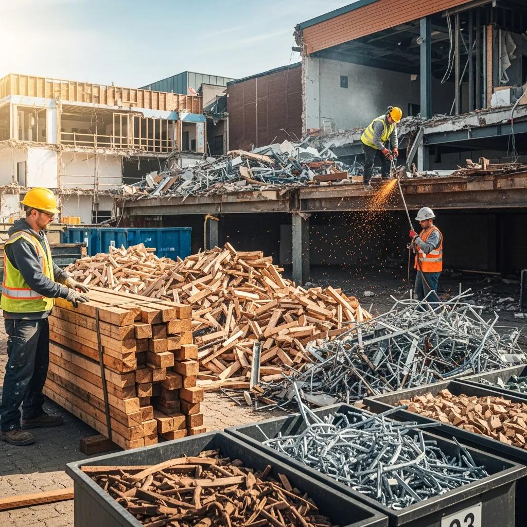 Workers practicing eco-friendly demolition and recycling materials