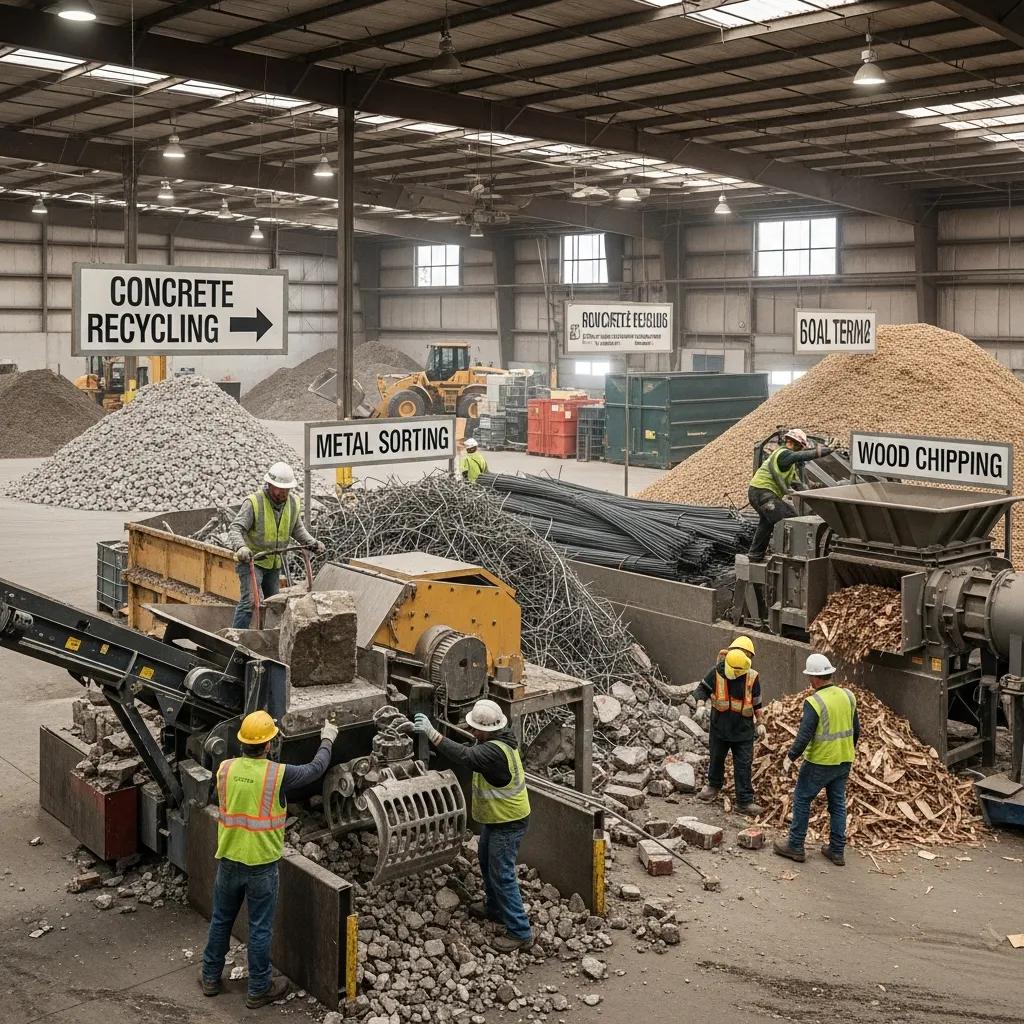 Workers sorting demolition waste at a recycling facility