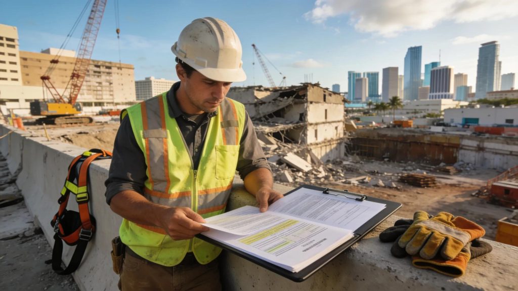 Construction professional examining legal documents related to Miami demolition requirements