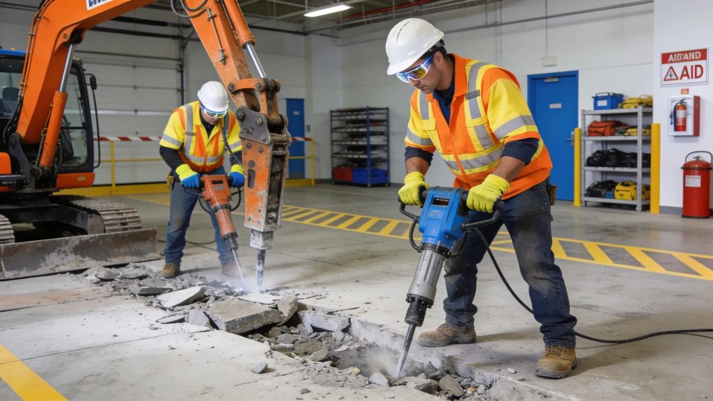 Construction workers practicing safety while demolishing concrete