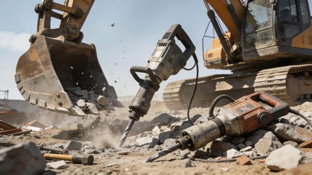 A variety of effective concrete demolition tools displayed at a construction site