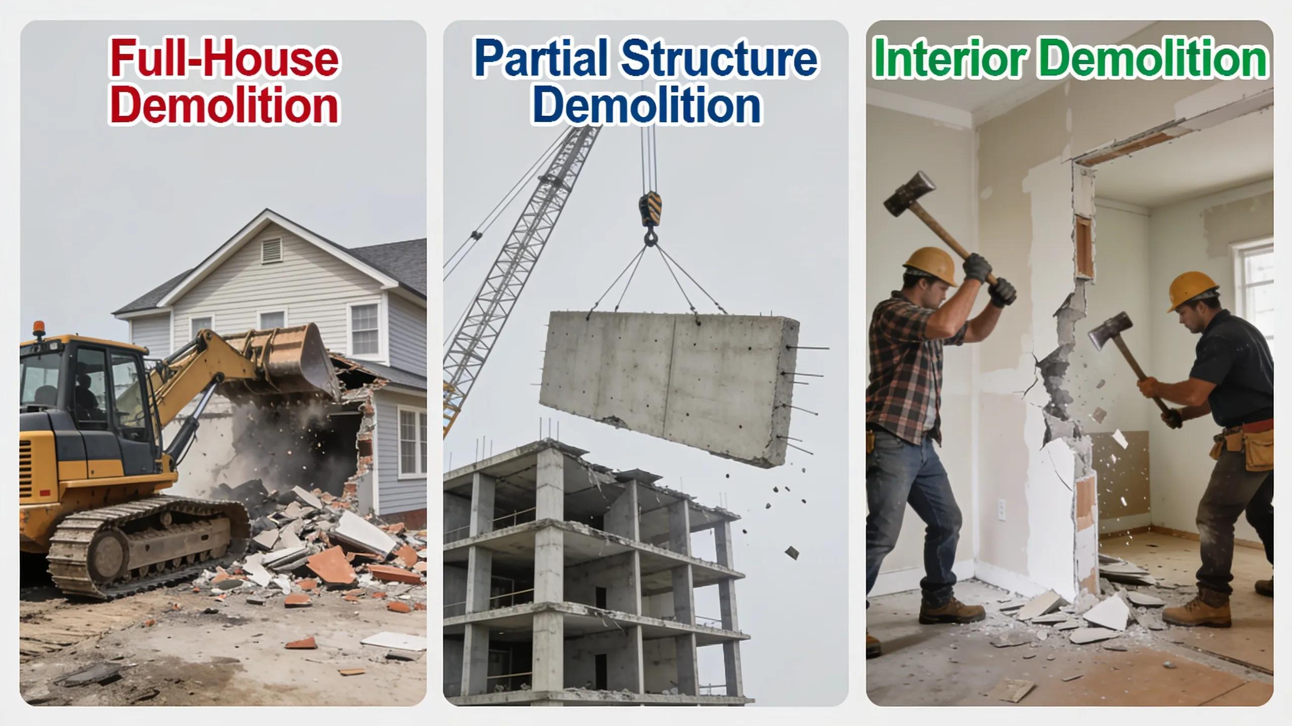 Visual representation of various residential demolition types including full, partial, and interior demolition