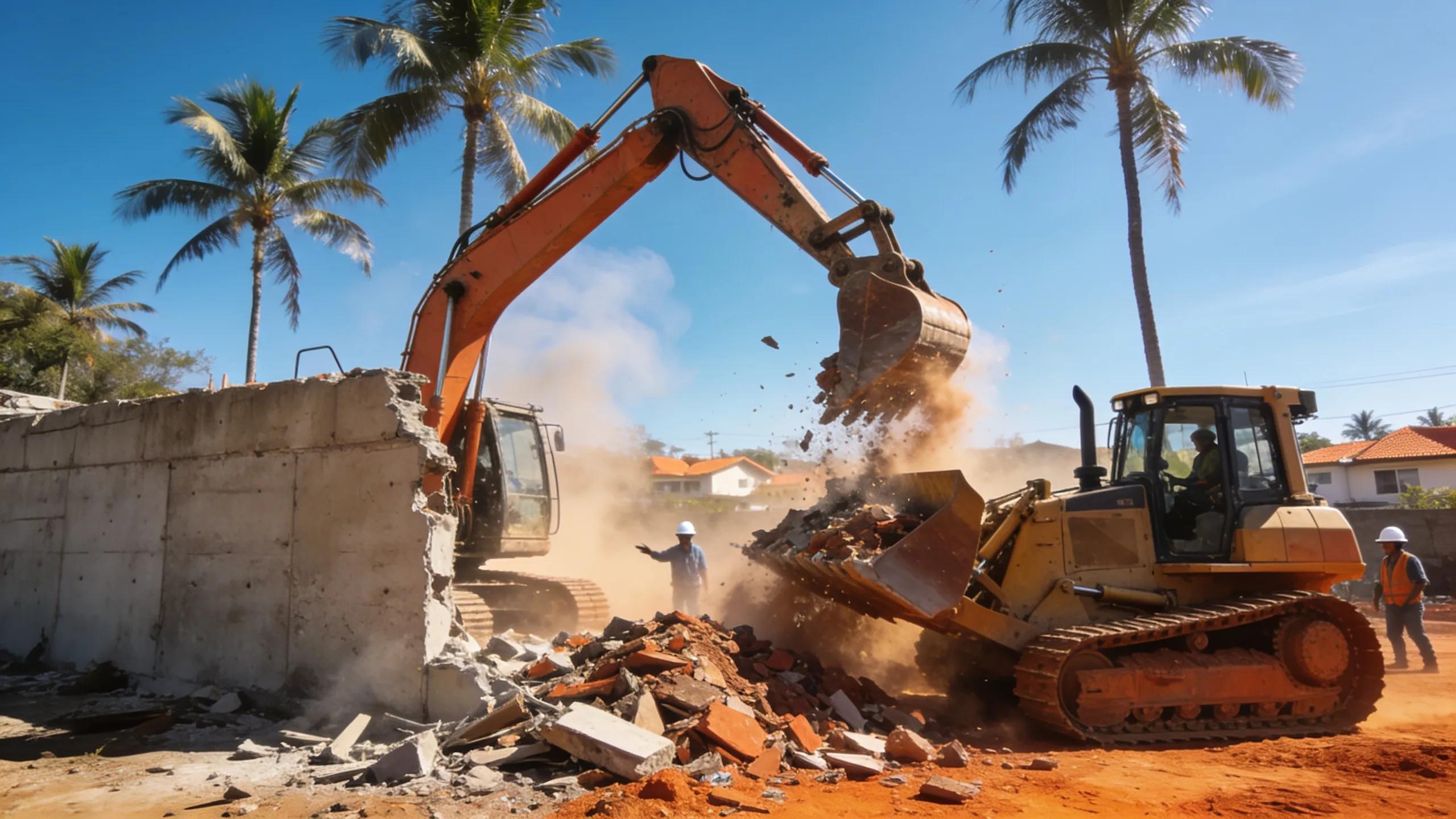 Demolition site in Delray Beach with heavy machinery actively clearing debris