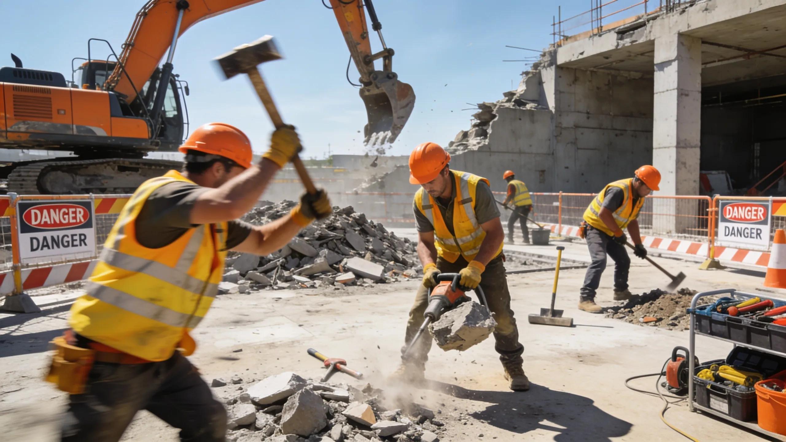 Contractors demonstrating essential demolition safety practices on a job site with machinery