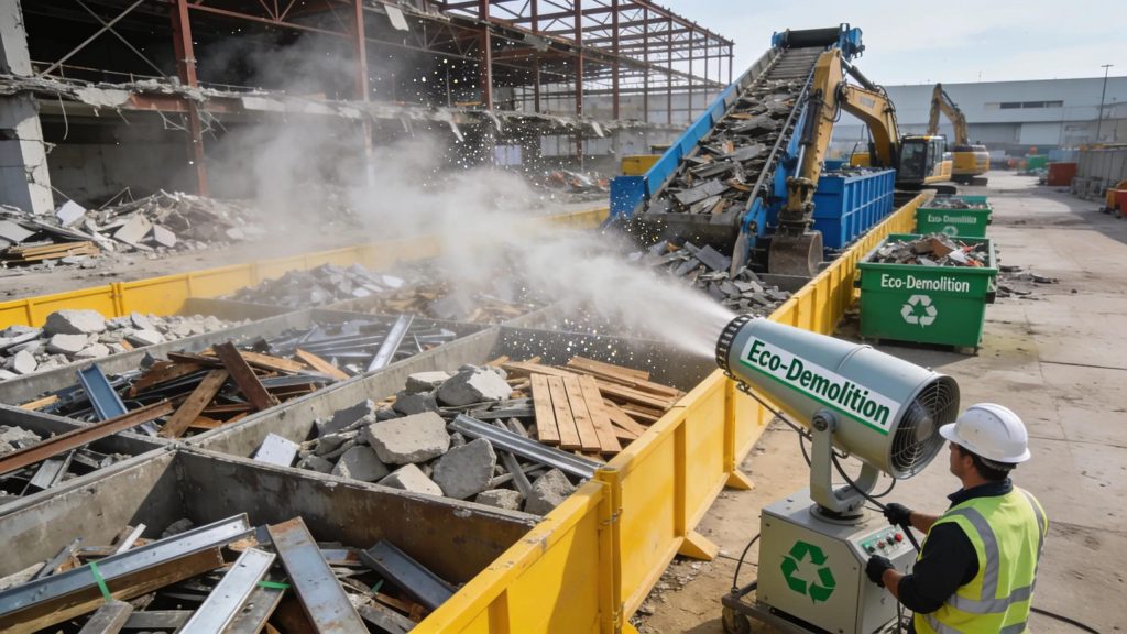 Eco-friendly demolition practices with workers focusing on recycling materials