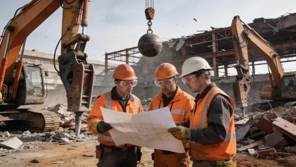 Demolition workers discussing safety protocols on a construction site