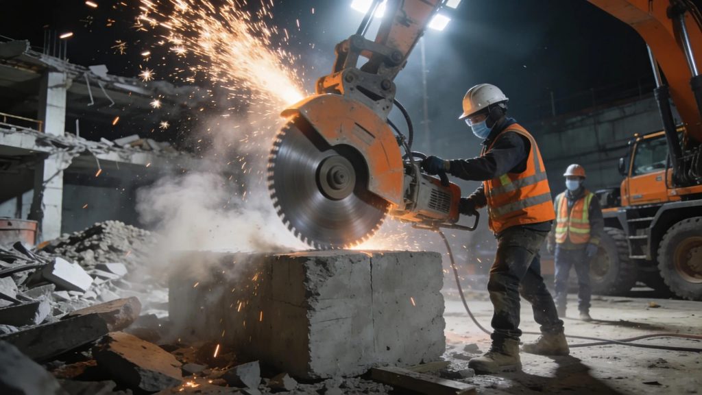 Concrete cutting site with diamond-blade saw in action