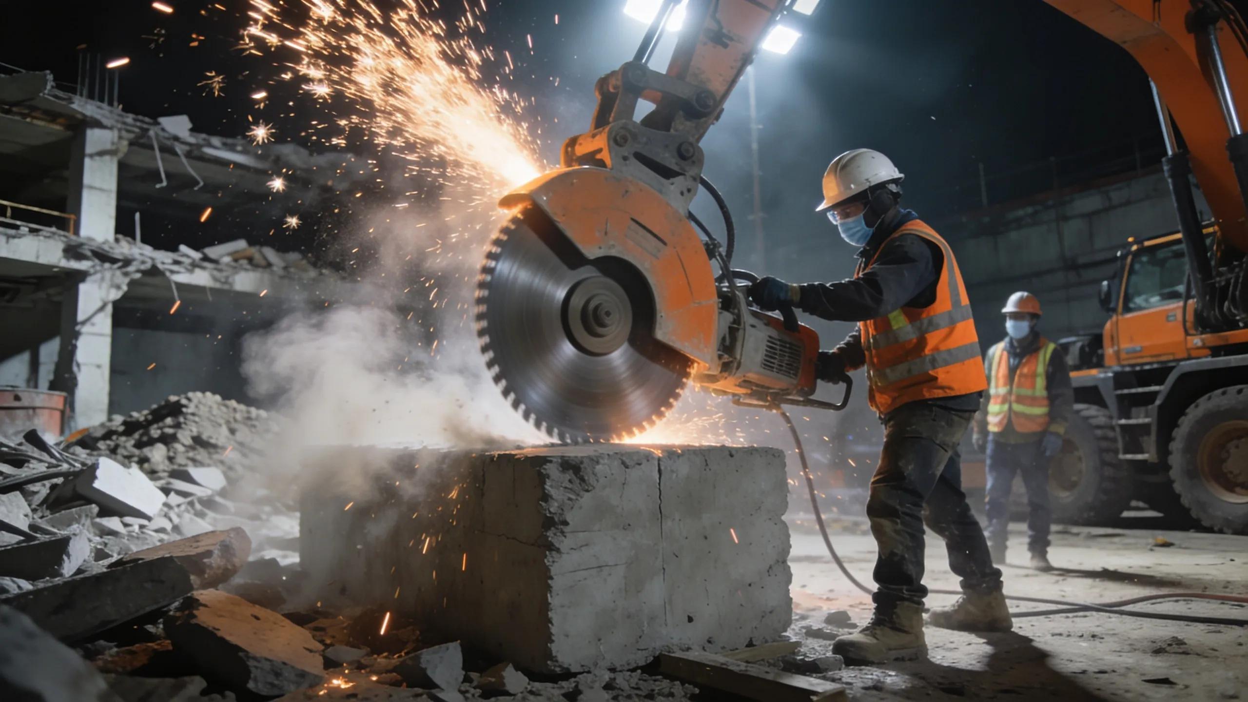 Concrete cutting site with diamond-blade saw in action