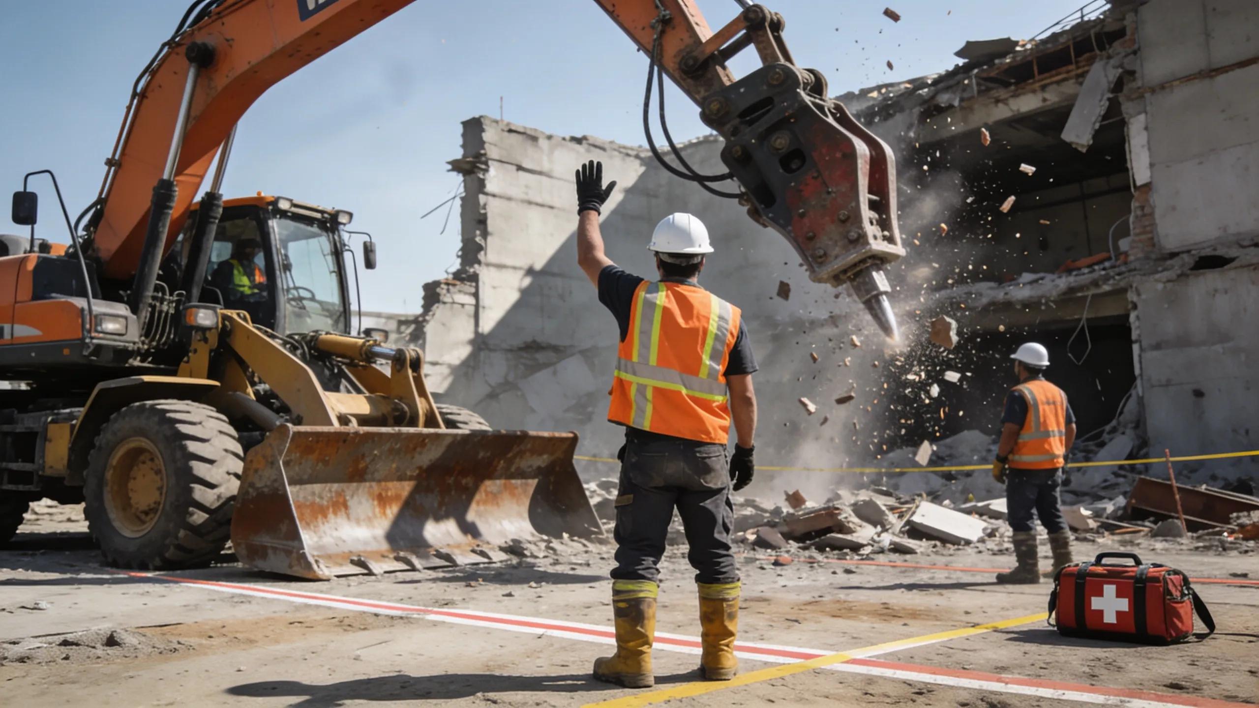 Demolition workers in safety gear operating machinery on a site